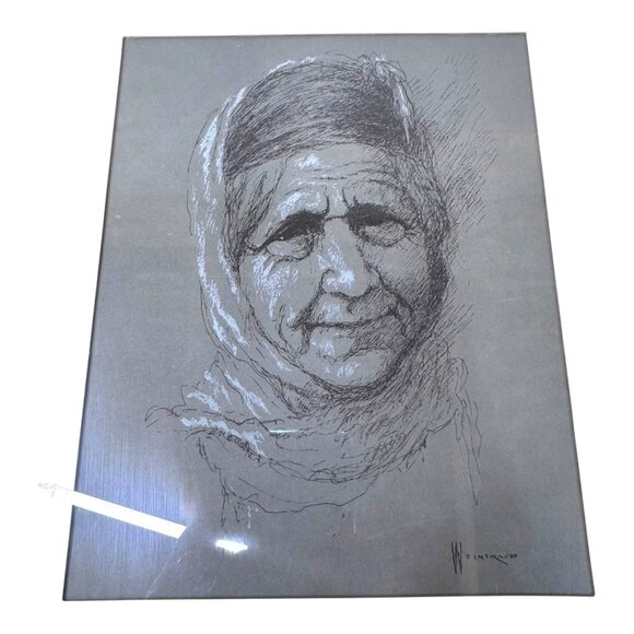 Authentic Vintage Weintraub from Turkey Portrait Sketch Framed Art Turkish Woman - Picture 3 of 11